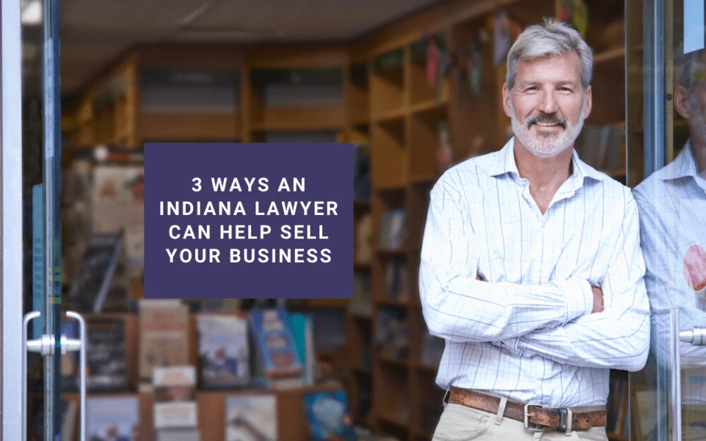 Man stands in front of a bookstore with text about Indiana law firm helping sell businesses.| Webster & Garino, LLC | Indiana Law Firm serving Hamilton County