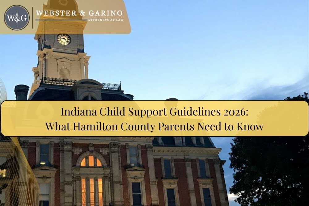 Indiana-Child-Support-Guidelines-2026–What-Hamilton-County-Parents-Need-to-Know-1 Hamilton County courthouse at sunset with headline on Indiana child support guidelines 2026 for parents.