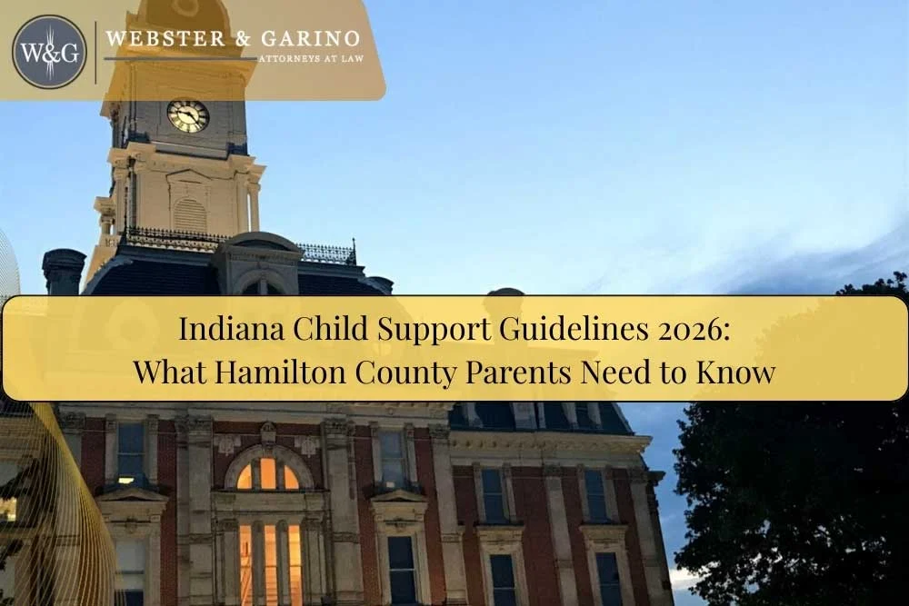 Hamilton County courthouse at sunset with headline on Indiana child support guidelines 2026 for parents.