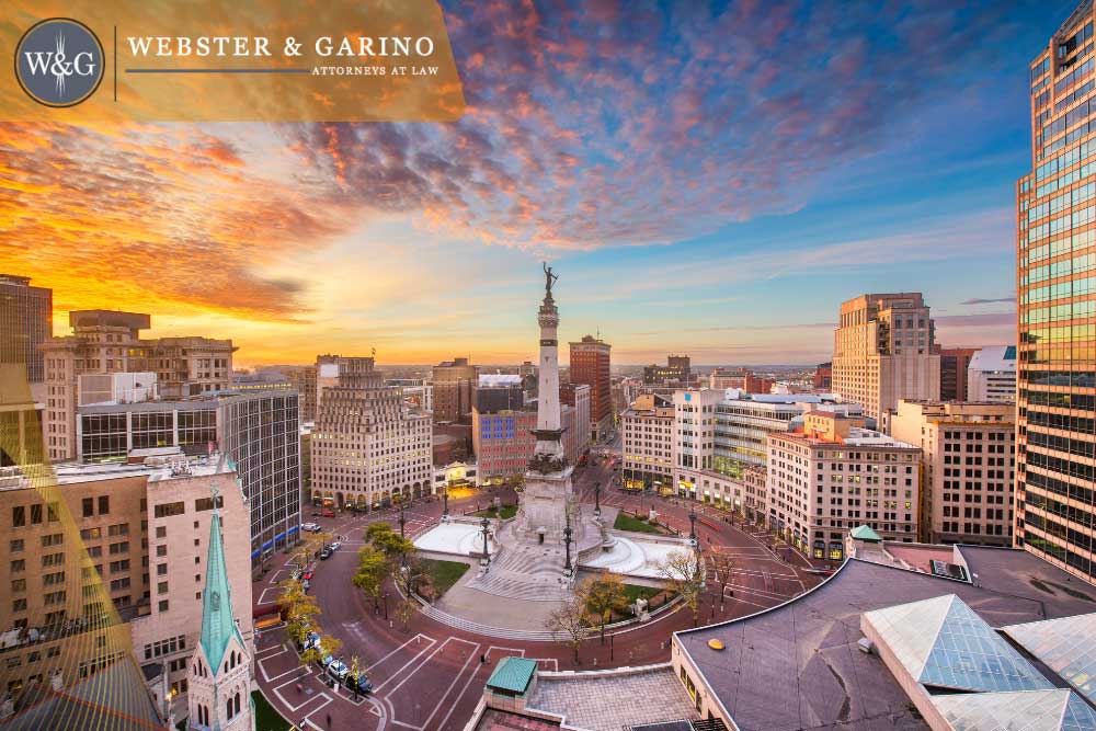 Indianapolis downtown skyline at sunset representing Webster & Garino Indiana law services