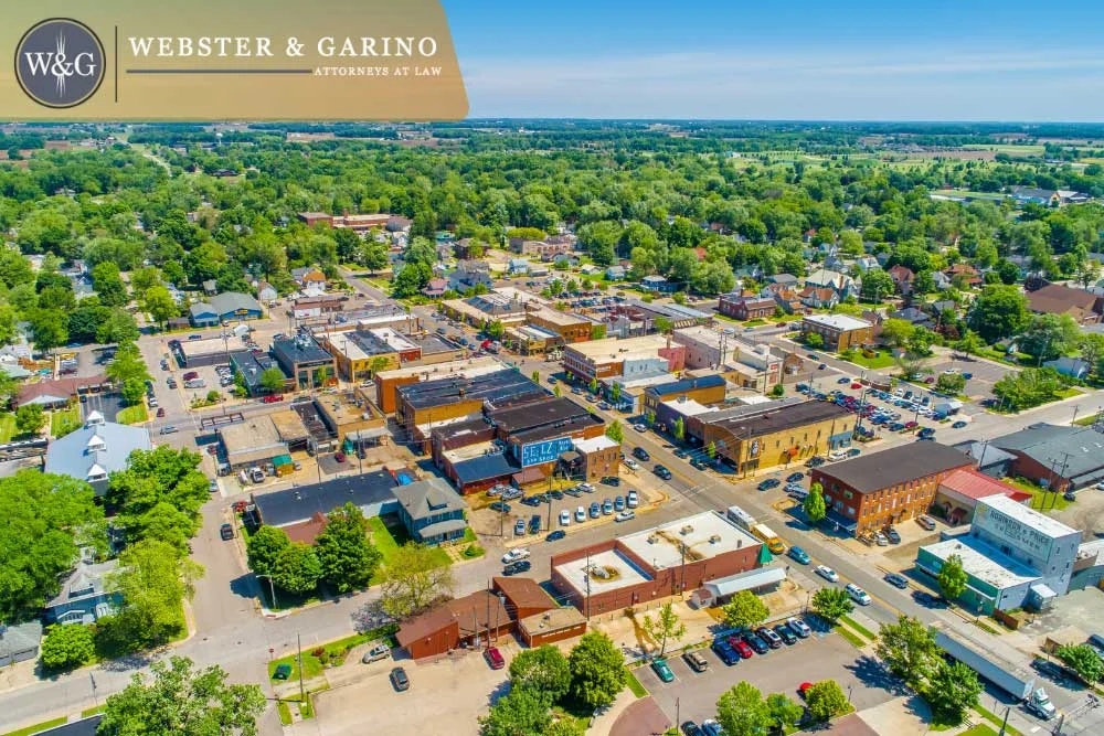 Aerial view of downtown Indiana community supported by Webster & Garino estate planning attorneys