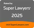 Super Lawyers 2025 badge for a trusted Indiana law firm, featuring a gray and orange design.| Webster & Garino, LLC | Indiana Law Firm serving Hamilton County