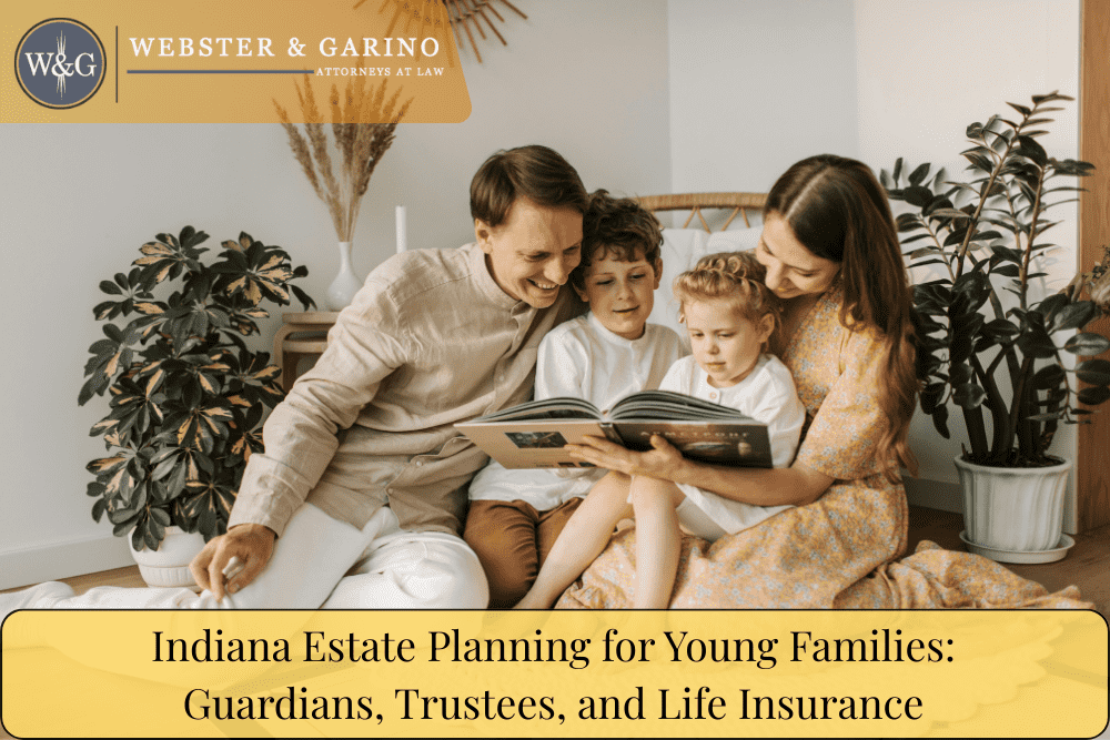 Young Indiana family reading together, representing estate planning for guardians and life insurance with Webster & Garino