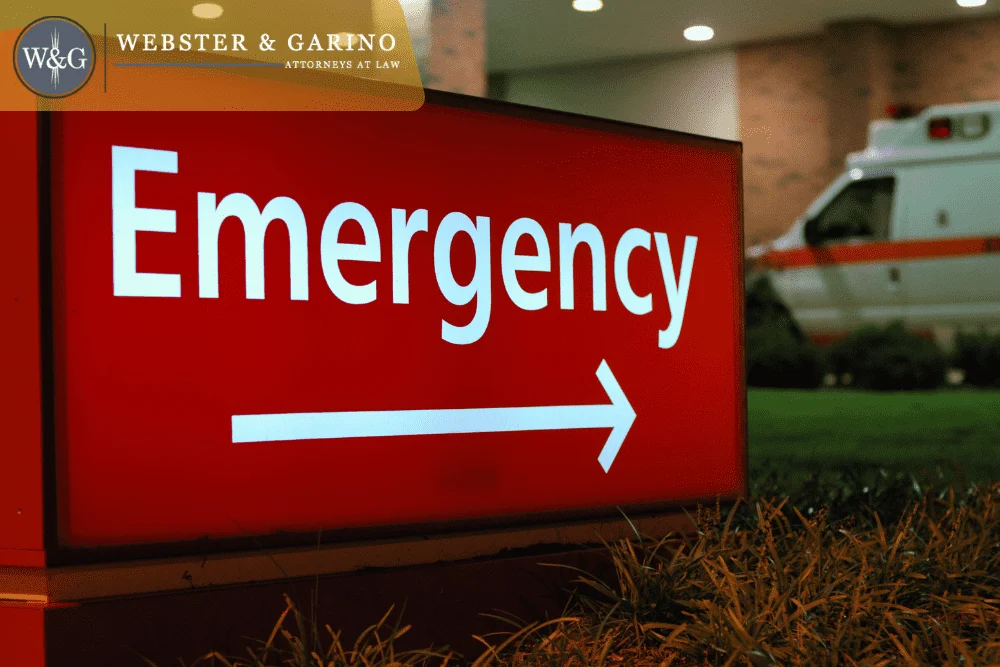 Emergency sign imagery representing urgent planning needs, used by Webster & Garino for estate and incapacity guidance, Harris Building branding
