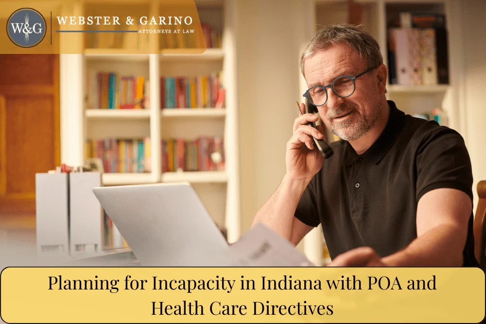 Man reviewing documents while on phone discussing POA planning with Webster & Garino, Harris Building themed legal content