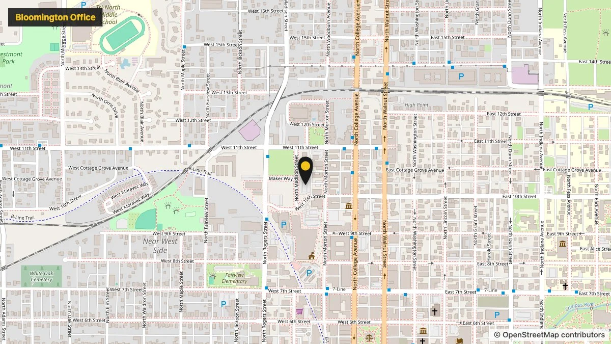 Map showing the Webster and Garino law office at 642 N Madison St in Bloomington, Indiana