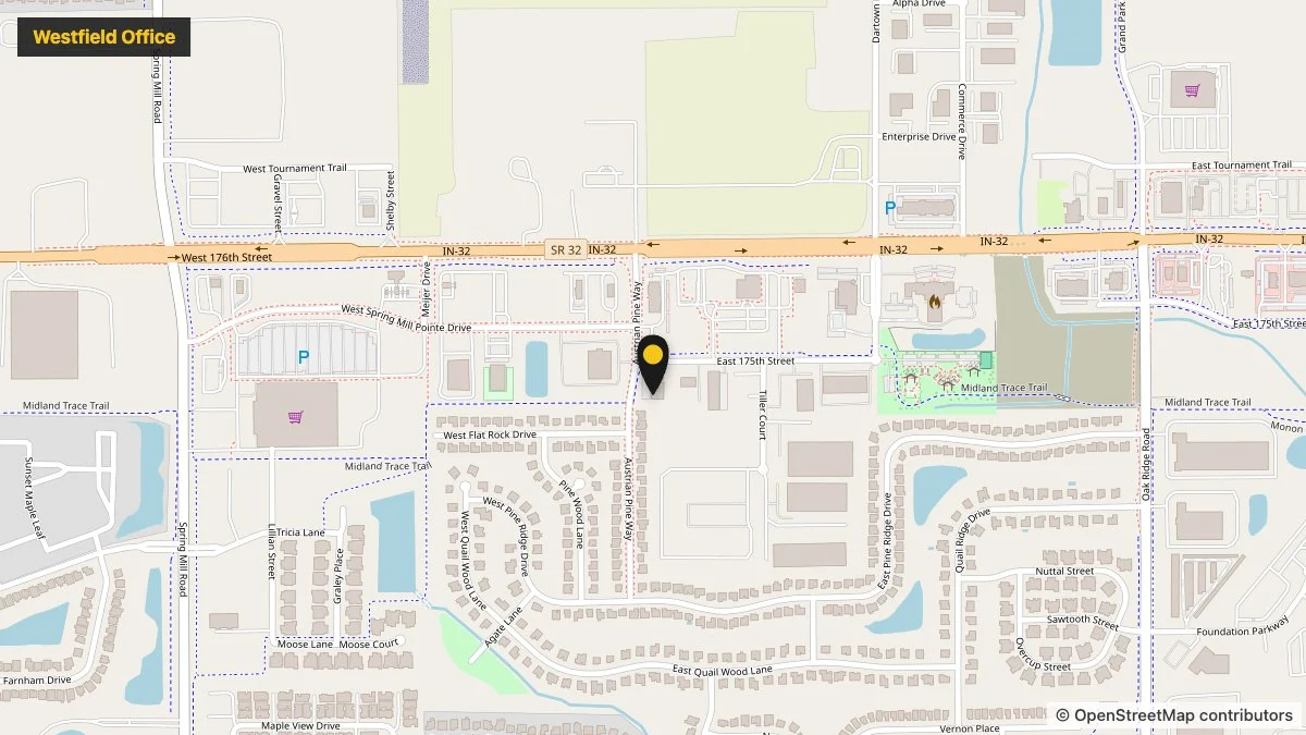 Map showing the Webster and Garino law office at 209 E 175th St Suite A in Westfield, Indiana